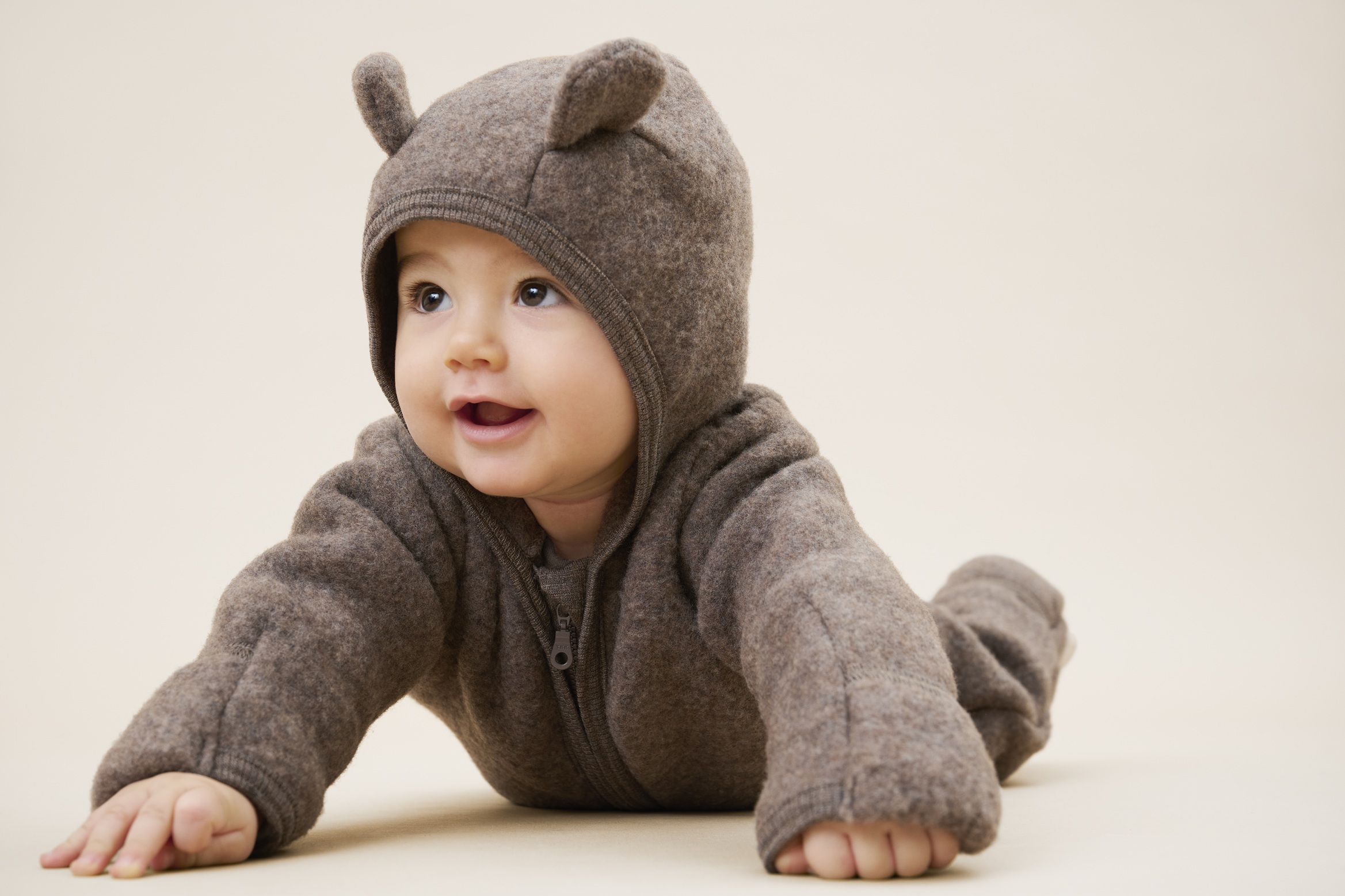 HUTTEliHUT køredragt Uld Pram Suit Ears Fleece Brown Melange - Billede 3